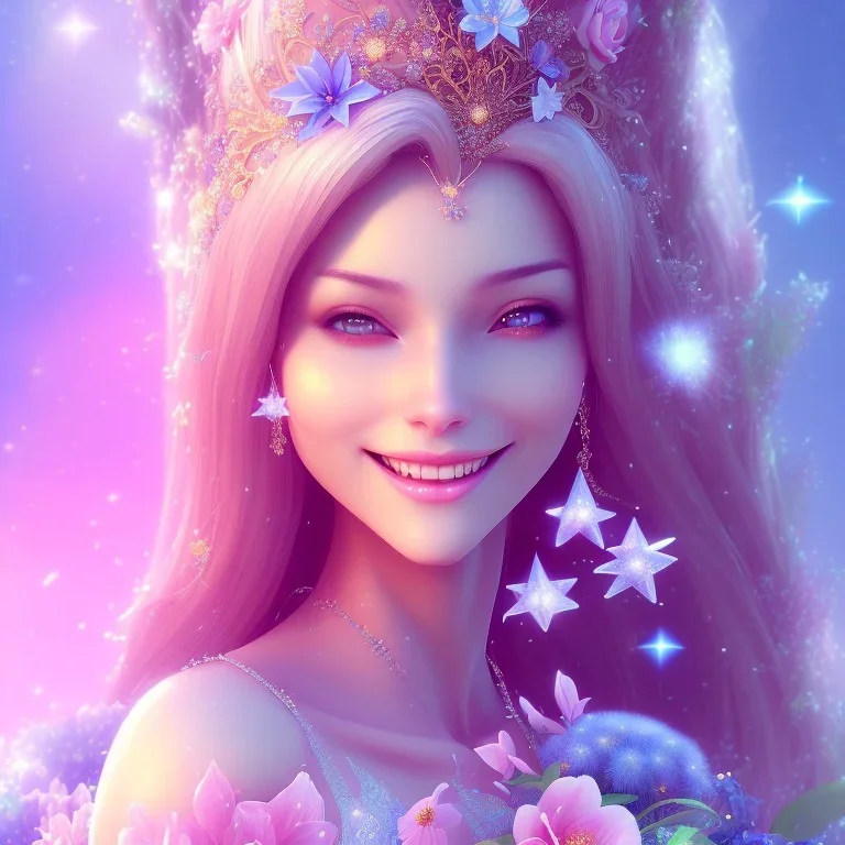 très jolie femme fée souriante , monde en fleurs, rivière , étoiles , concept art, crépuscule , bleu , vibrant Color, réaliste