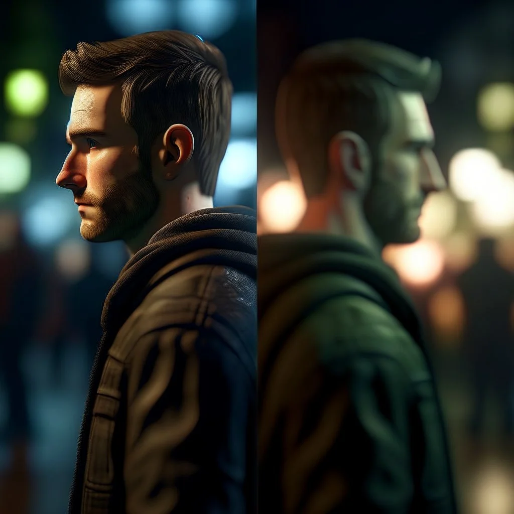 back and front of a man ,bokeh like f/0.8, tilt-shift lens 8k, high detail, smooth render, down-light, unreal engine