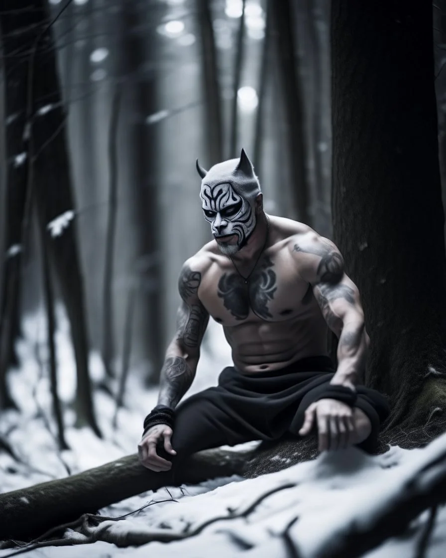 man sitting on a tree branch, middle of a snowy forest, muscular athletic physique, wearing a japanese Hannya demon mask over face, cinematic greyish filter