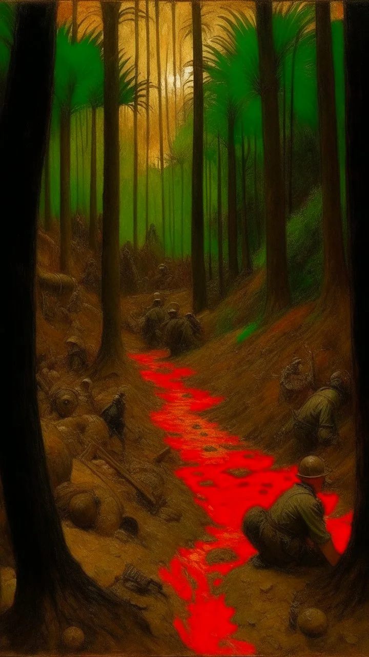 from inside a trench from the first world war traced between the remains of coconuts, in the background a brutal war rages, small and colorful cyberpunk creatures swarm through the floor and air, agony and despair in front of the final battle in the style by Hector Guimard