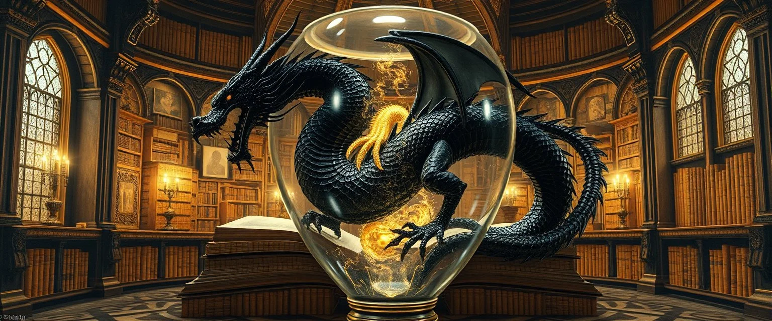 master oil painting by Escher and Giger, ancient library book obsidian black dragon inside huge transparent vase and gold, master 3d models