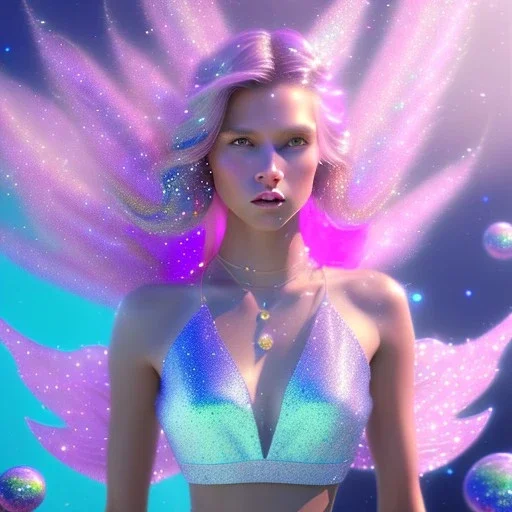 one big crystal glitter pink blue subtle galactic fairy in a galactic ambiance,glitter bikini, long blond hair down to the ground,transparent petals,blue eyes,delicate colors in the foreground, full of details, smooth，soft pink violet light atmosphere, light effect，vaporwave colorful, concept art, smooth, extremely sharp detail, finely tuned detail, ultra high definition, 8 k, unreal engine 5, ultra sharp focus