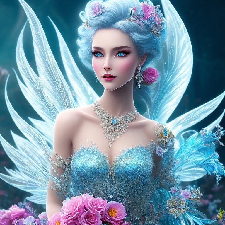 bright ice fairy, beautiful portrait, flowery landscape