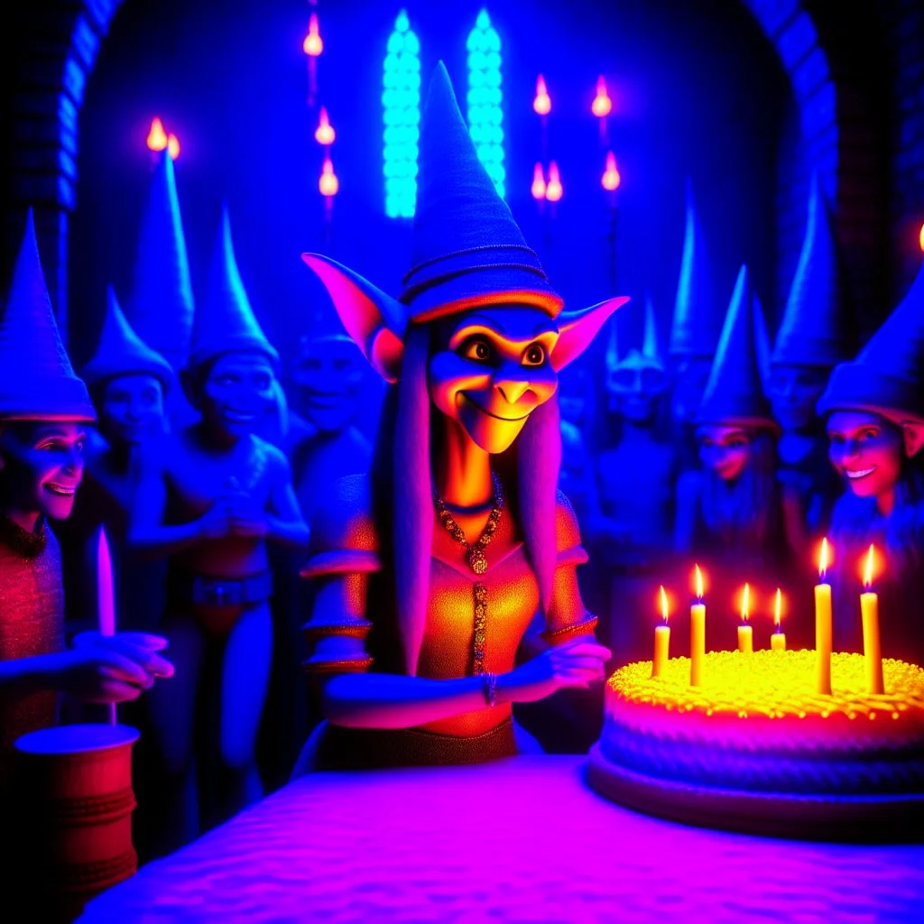 fasion female, wild goblin birthday party in neon lit stone tower, motion blur, 8k, downlight, soft light, depth of field, photorealism, trending on art station, lotsa detail