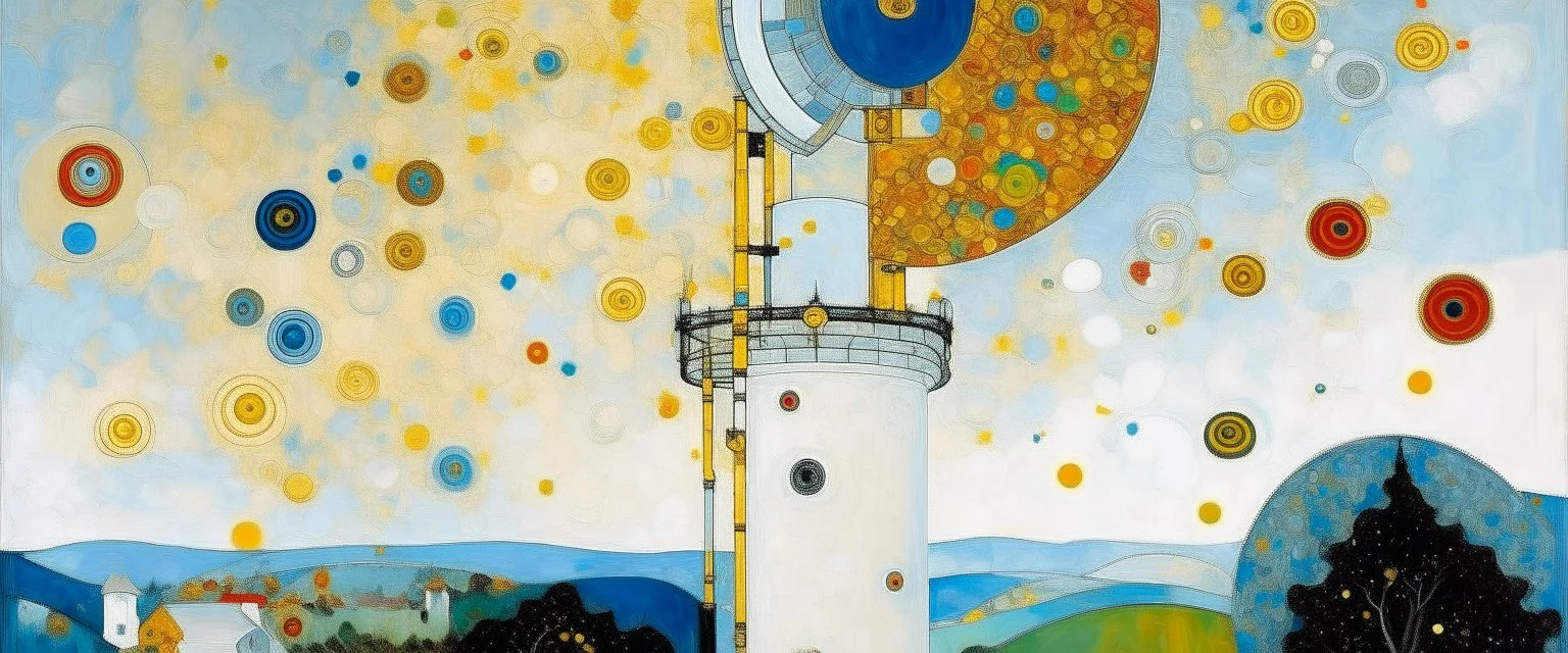 A white observatory with a telescope in the sky painted by Gustav Klimt