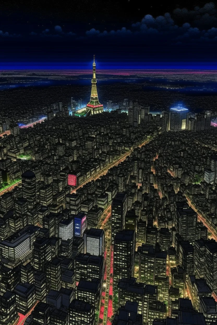 birds eye view of tokyo at nigh in the style of hiroku ogai