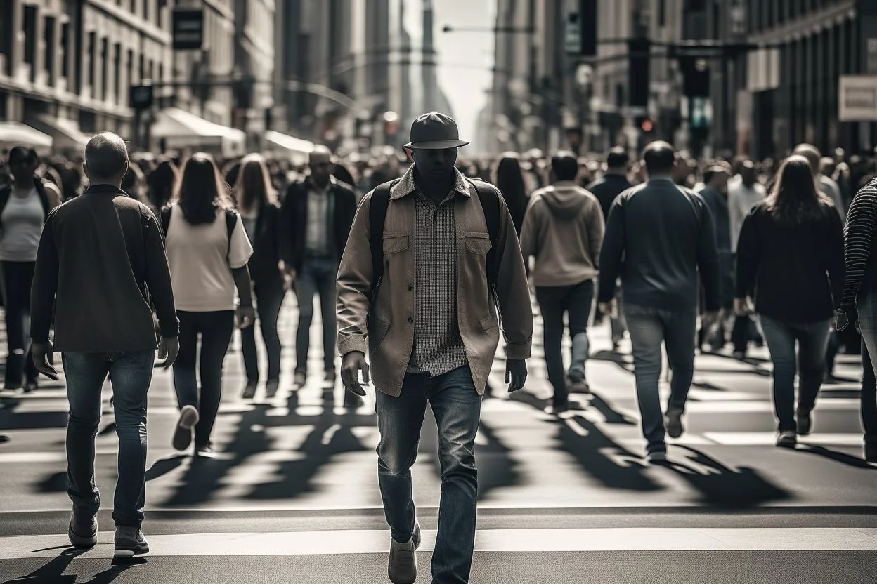 hombre caminando por el centro de una ciudad en pleno bullicio, con personas que vienen y van- Fotografía realizada con cámara Leica y objetivo 50 mm.