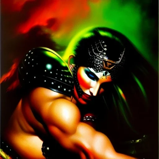 portrait oil on canvas, beautiful punk busty female Barbarian Warrior,green eyes, ,minimal armor,comic book cover, mystical colors,insanely detailed,realistic,intrincate detail, 16k resolution, masterpiece,Frank Frazetta,Alex Horley, Simon Bisley