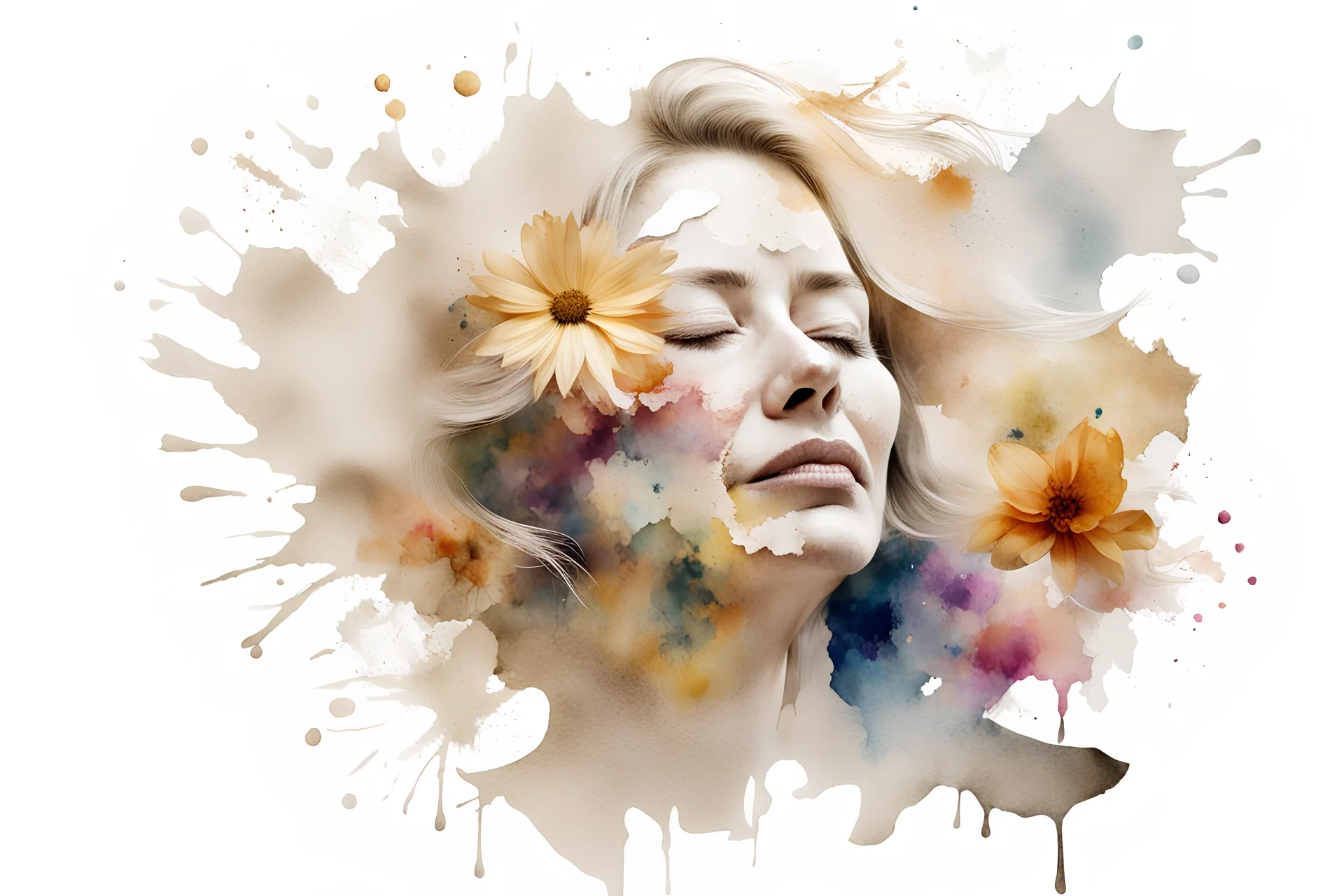 white background, double exposure, old torn paper, watercolor, splashes, blots, woman 50 years old, blonde flower, closed eyes, fine drawing, high resolution, double exposure, 8K