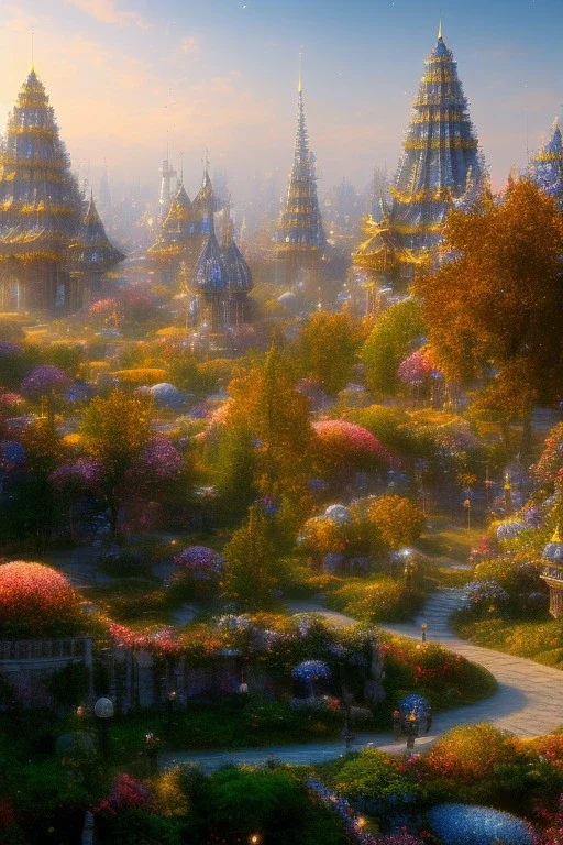 landscape, city of the elves, rose, gold, very blue sky, crystal domes, glistening oiled shiny, intricate, Exquisite details and textures, highly detailed, digital painting, artstation, concept art, sharp focus, nature background, illustration, 8k, by stability ai, nvidia