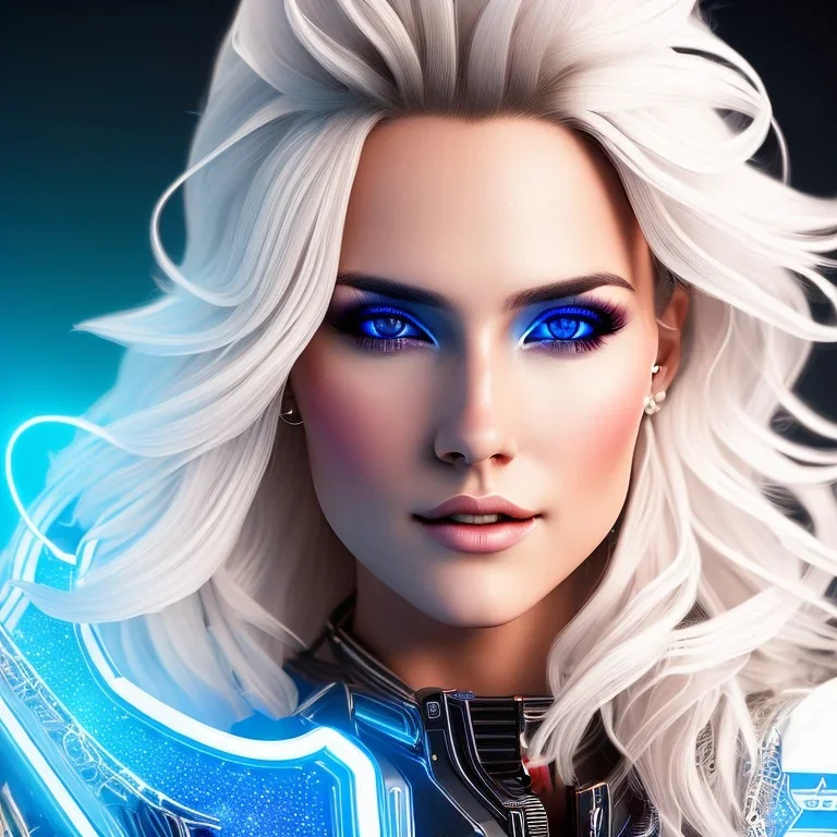 A beautiful portrait of a cute smiling cyberpunk woman with wings, long blond haire, high key lighting, volumetric light high details with white stripes and feathers and blue celtic paterns and luminous glasses in a starry background