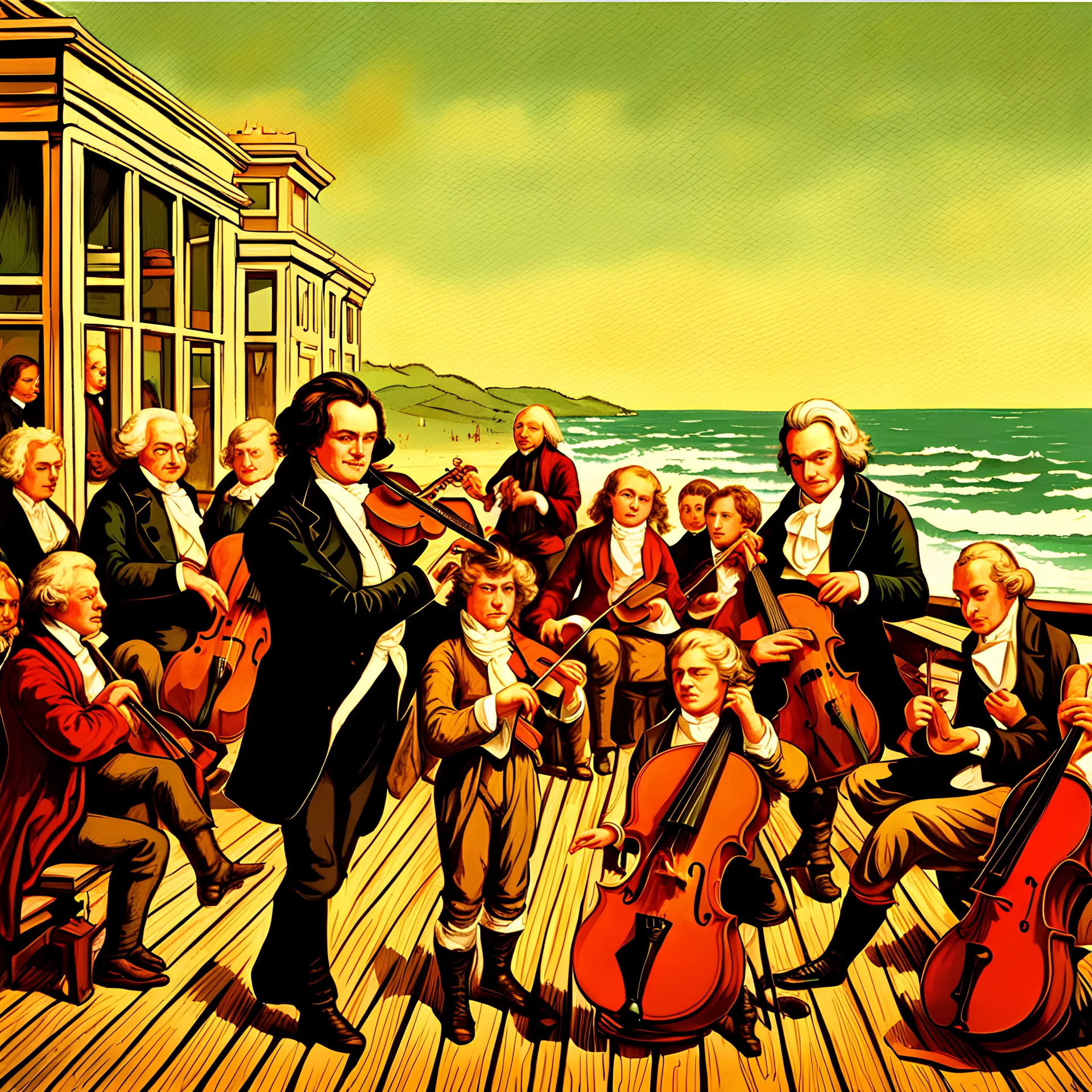 Ludwig van Beethoven, Johannes Brahms, Wolfgang Amadeus Mozart, Antonin Dubzek and Johann Sebastian Bach stand on the boardwalk on the beach in San Francisco and play violins in front of children, men and women who sit on the floor and listen to them,