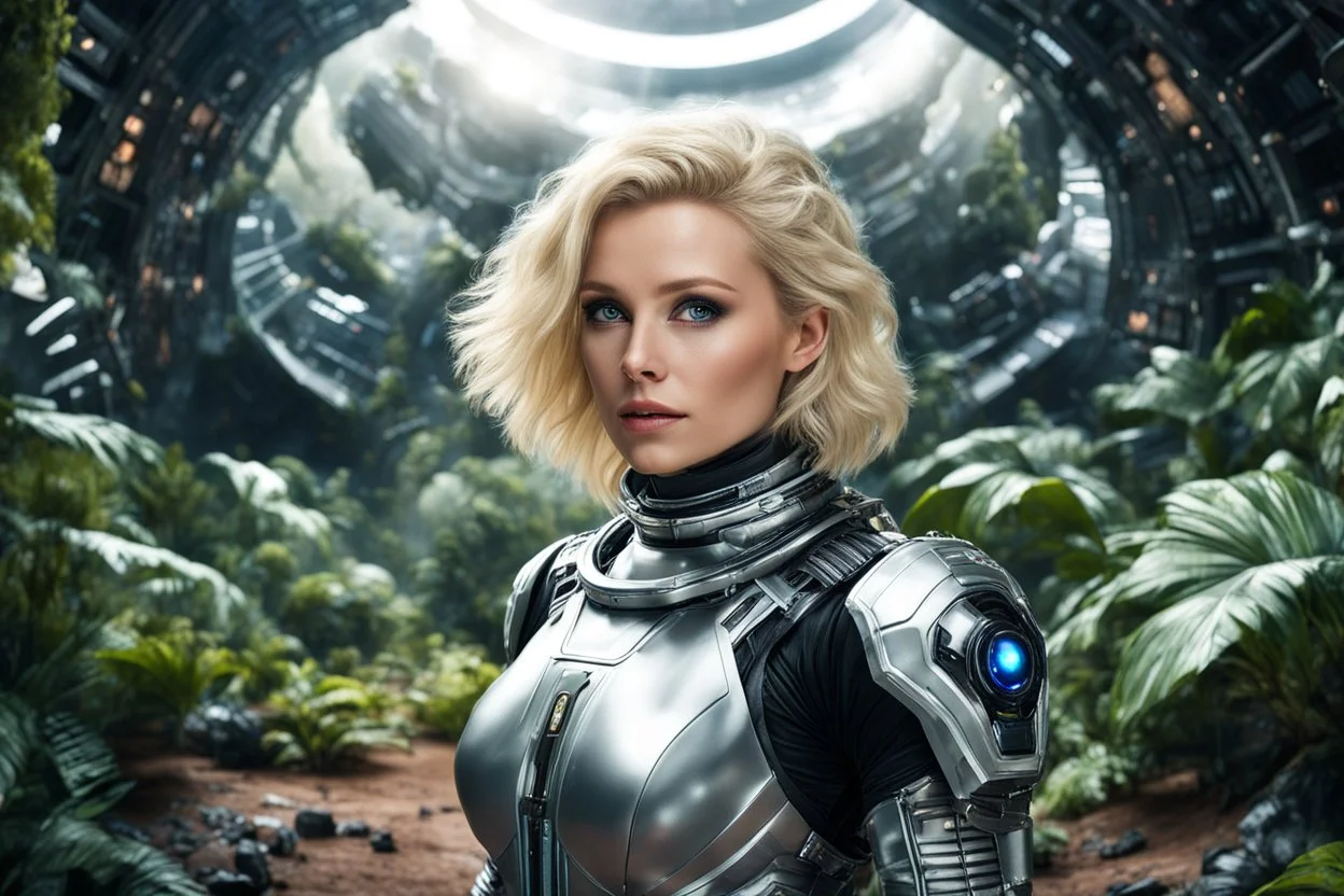 wide-angle Photo of a Sci-fi woman, with blond hair, wearing a silver and black spacesuit looking like an android, on an alien jungle planet