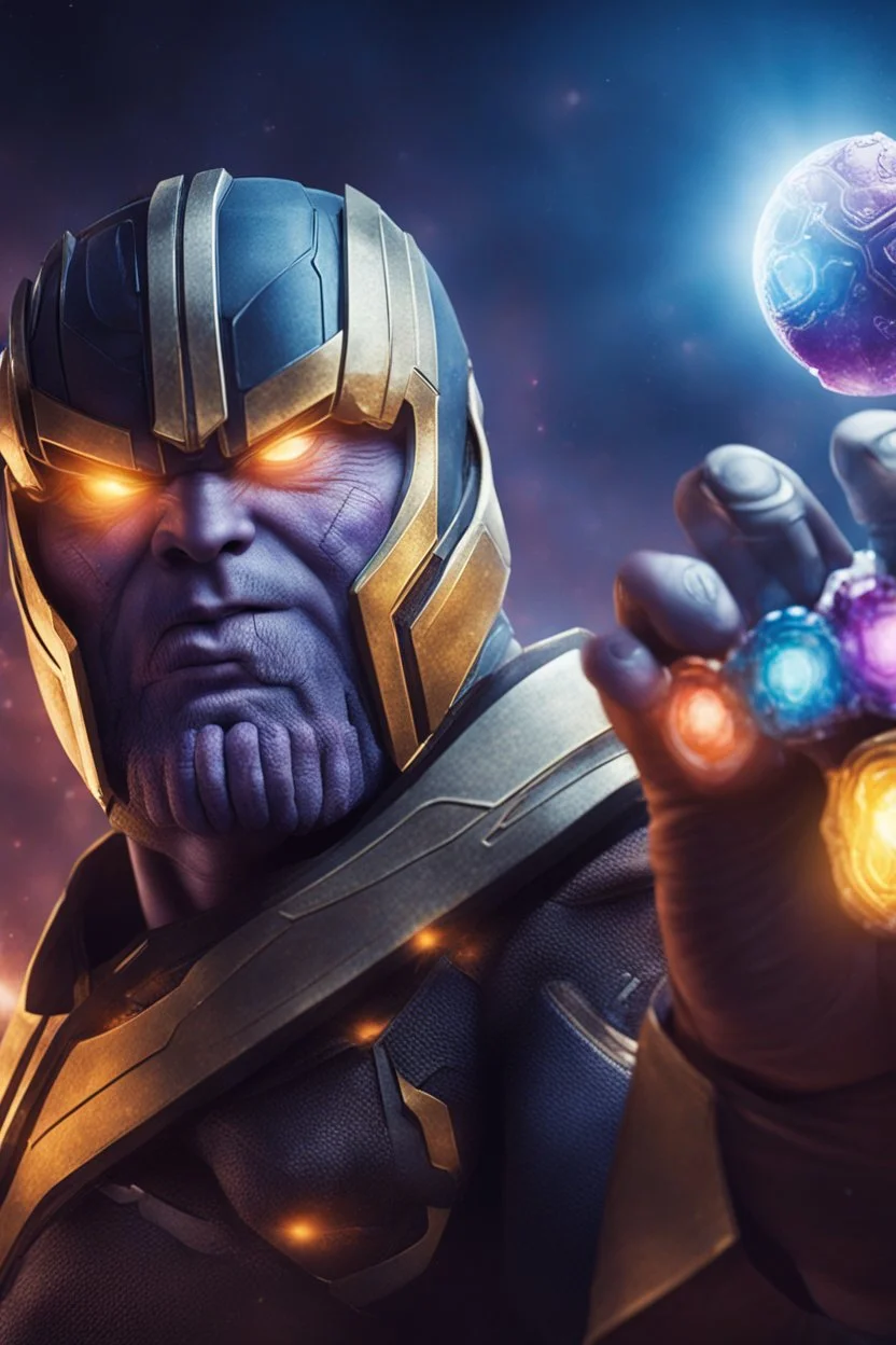 A sporty looking man with With a serious his face while holding Thanos' gantlet K's infinity gauntlet has six infinity stones