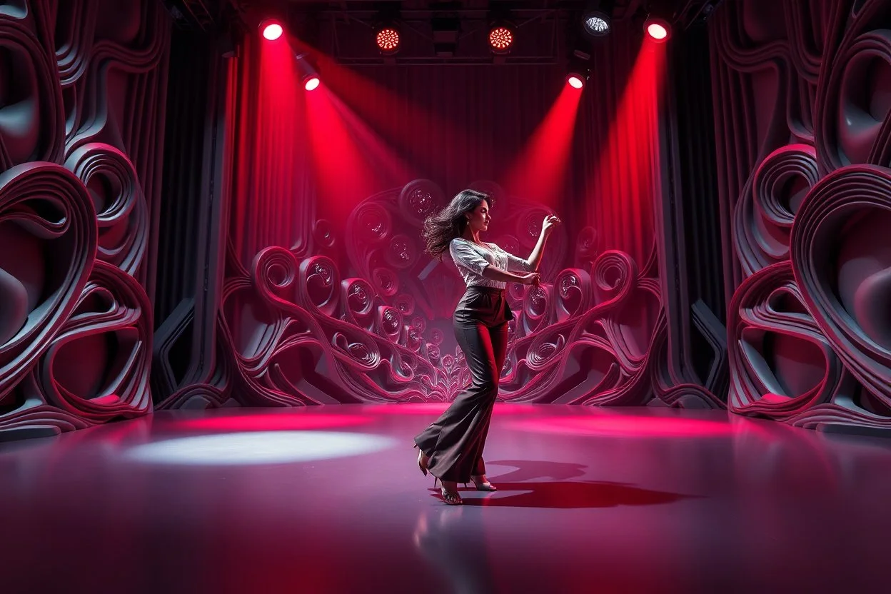 modern stage with gray-dark red theme artistic decoration , color full dynamic lighting, a beautiful lady in pants and blouse with shining silver jewels dancing, 3D recursive fractal structure animating background