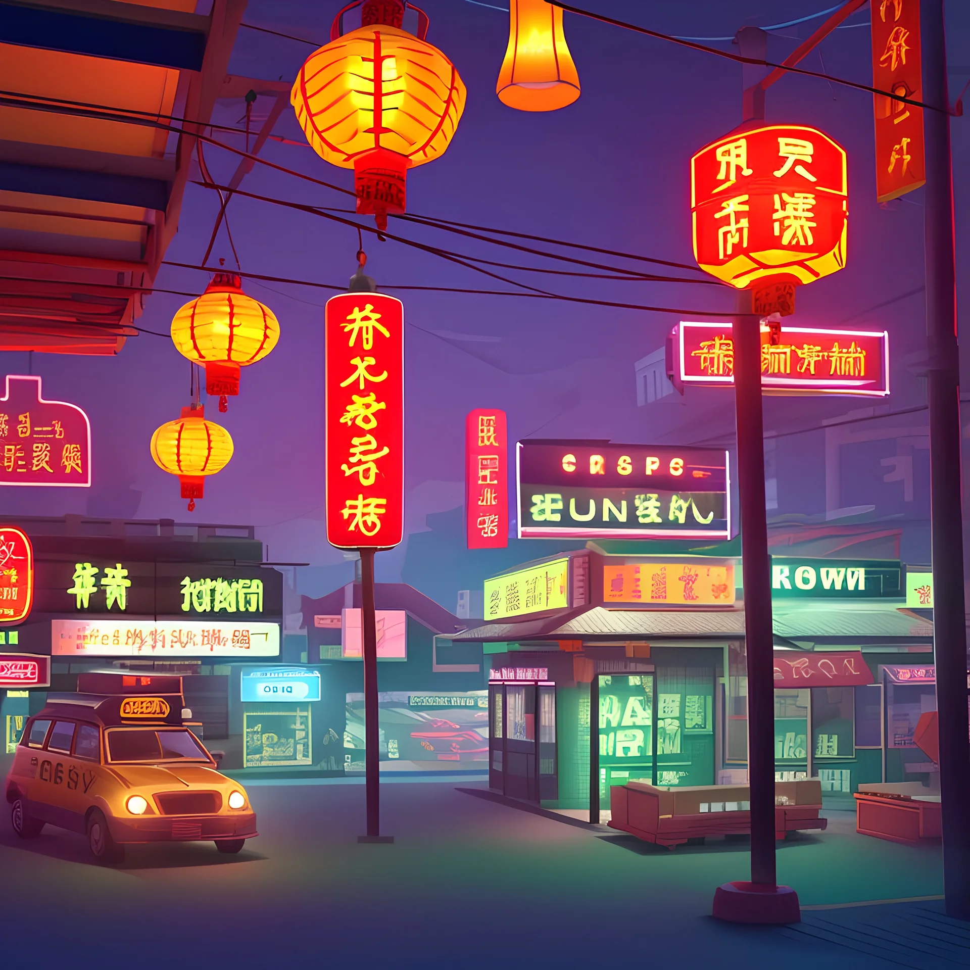 cute isometric china town, cutaway box, traditional, night lights, neon sign, hanging lanterns, electric posts with lamps, old taxis. highly detailed, made with blender, promotional brochure