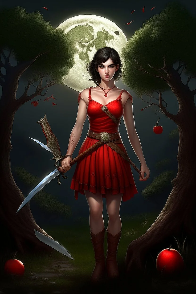 A young dark-haired witch in a red low-cut short skirt, standing under a tree, with a sword on her hip, glowing ball in her hand, photorealistic, delicate detail.