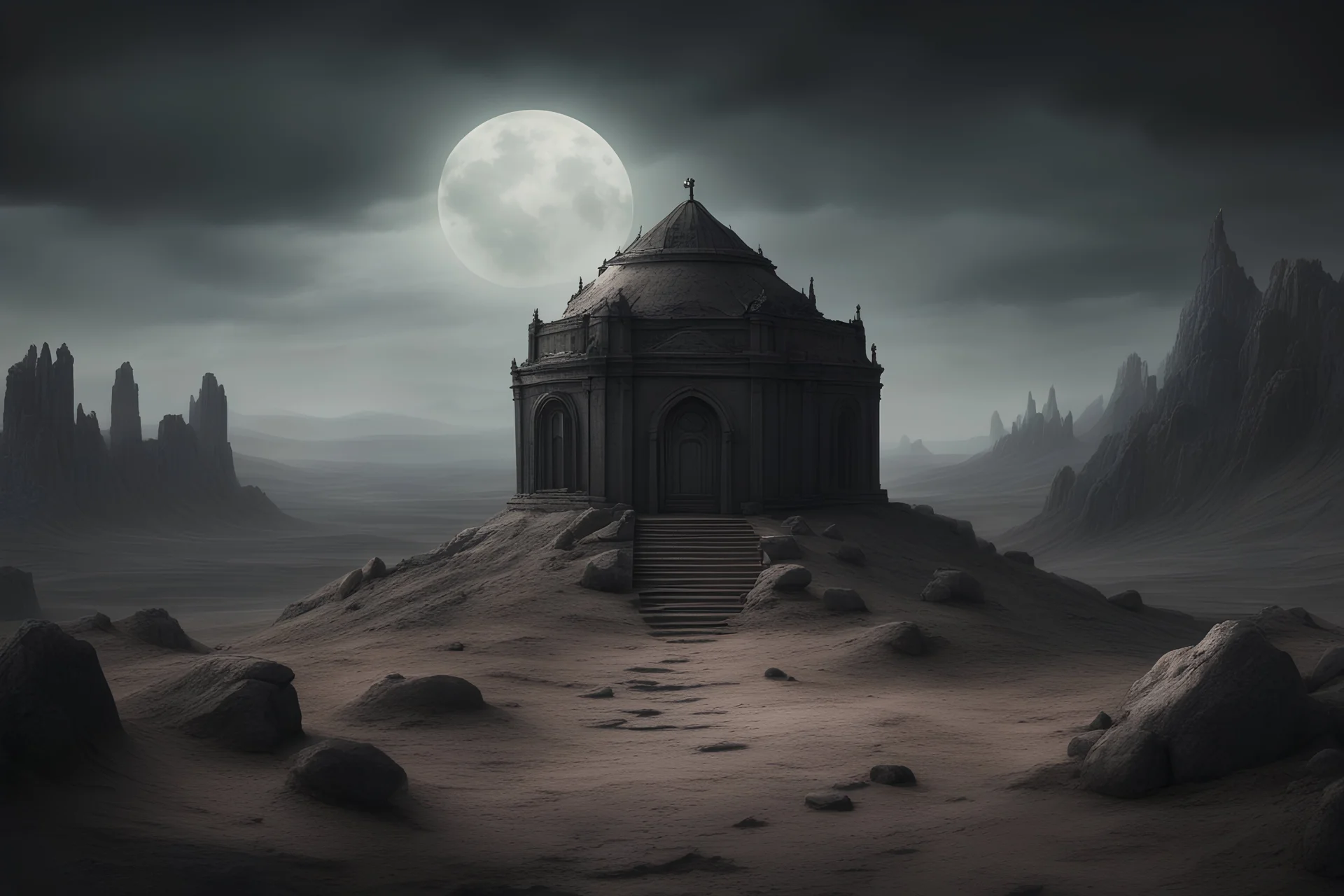 dark creepy fantasy mausoleum in the distance on top a barren rocky hill