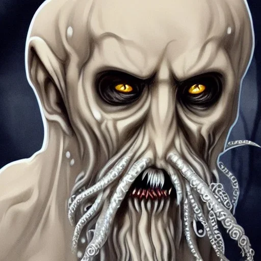 Cthulhu with white skin and a beard made of tentacles as a Russian Orthodox nosferatu vampire with yellow eyes and vampire fangs