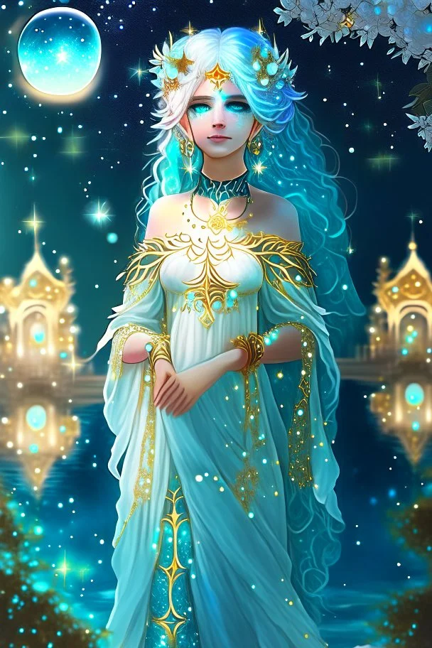 A beautiful girl with glowing starry eyes. And with turquoise hair decorated. And full body. Holds 10 glowing glass beads with a moon inside .girl void. full body Glowing golden eyes and white hair. Standing on a land of water embellished with sapphires and ornate trees. And beautiful buildings. And a sky full of star. realistic