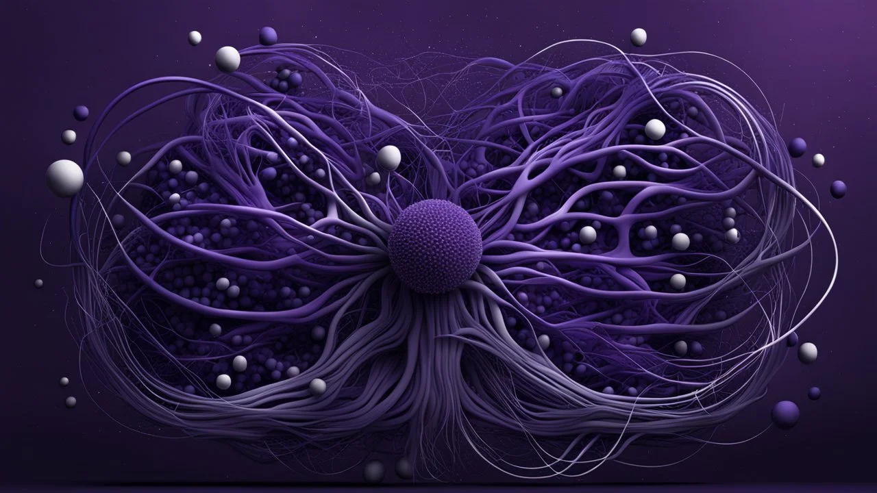 A minimalist abstract 2d digital art graphic and ink montage,. Deep dark purple background with neural network around, big nervous system with shiny little balls , white-dark blue-pale gray and black colors, Clean composition with strange vibe, with surreal vibe, Photorealistic with emotional with abstraction , neurodivergens soul and mind, cinematic, glitch