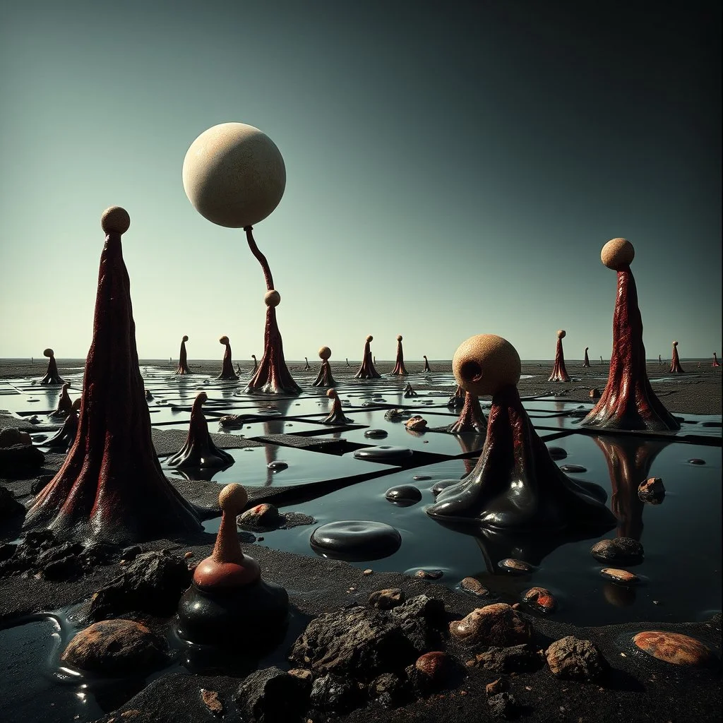 Photography of a random landscape with odd Yves Tanguy surreal forms, glossy, organic, creepy, strong texture, fiotti di liquido nero, horror, panic, obsessive, hypnotic