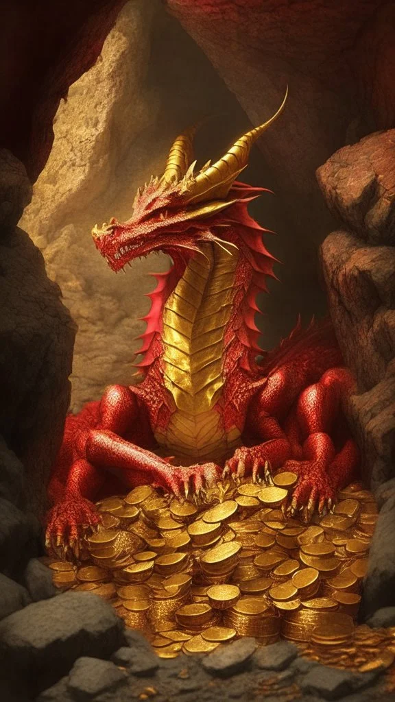 red dragon sitting in piles of gold, cave background