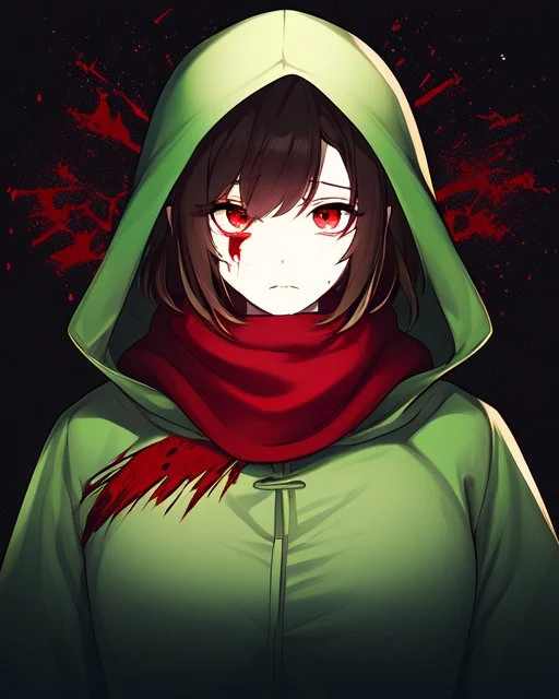 Wearing a green hood, short brown hair, glowing red eyes, blood on his cheek, dark background reminiscent of a nightmare, and has a psychopathic look, wears a red scarf, facing the screen showing only his face and neck.