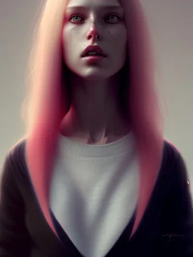 girl angry, beautiful, cute, bloody, long pink hair, black sweater, by Greg Rutkowski