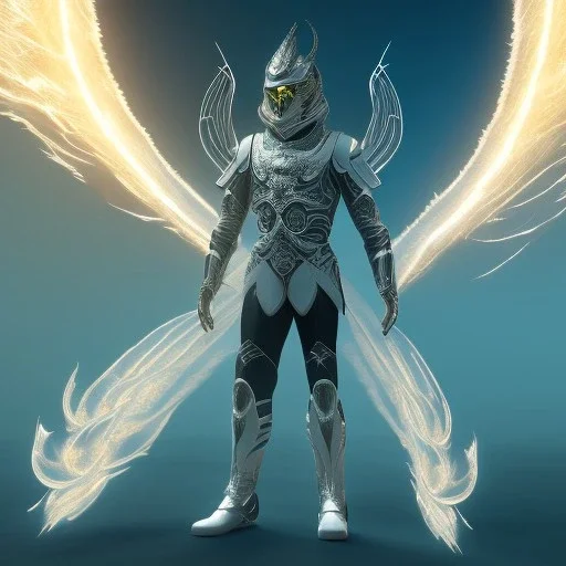 The first image is of the main character's full body. He’s to look like a powerful angel, symbols on his hands glowing, His background should be that of space above with stars and standing on a paradise of a planet. His belt can transform into a white dragon.