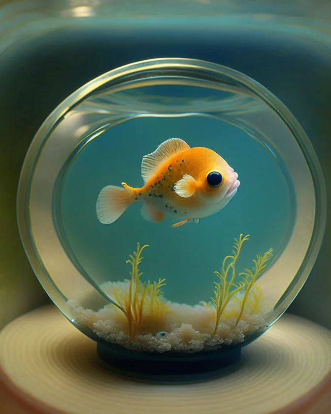 A cute little dolhin in a small circular fish tank.