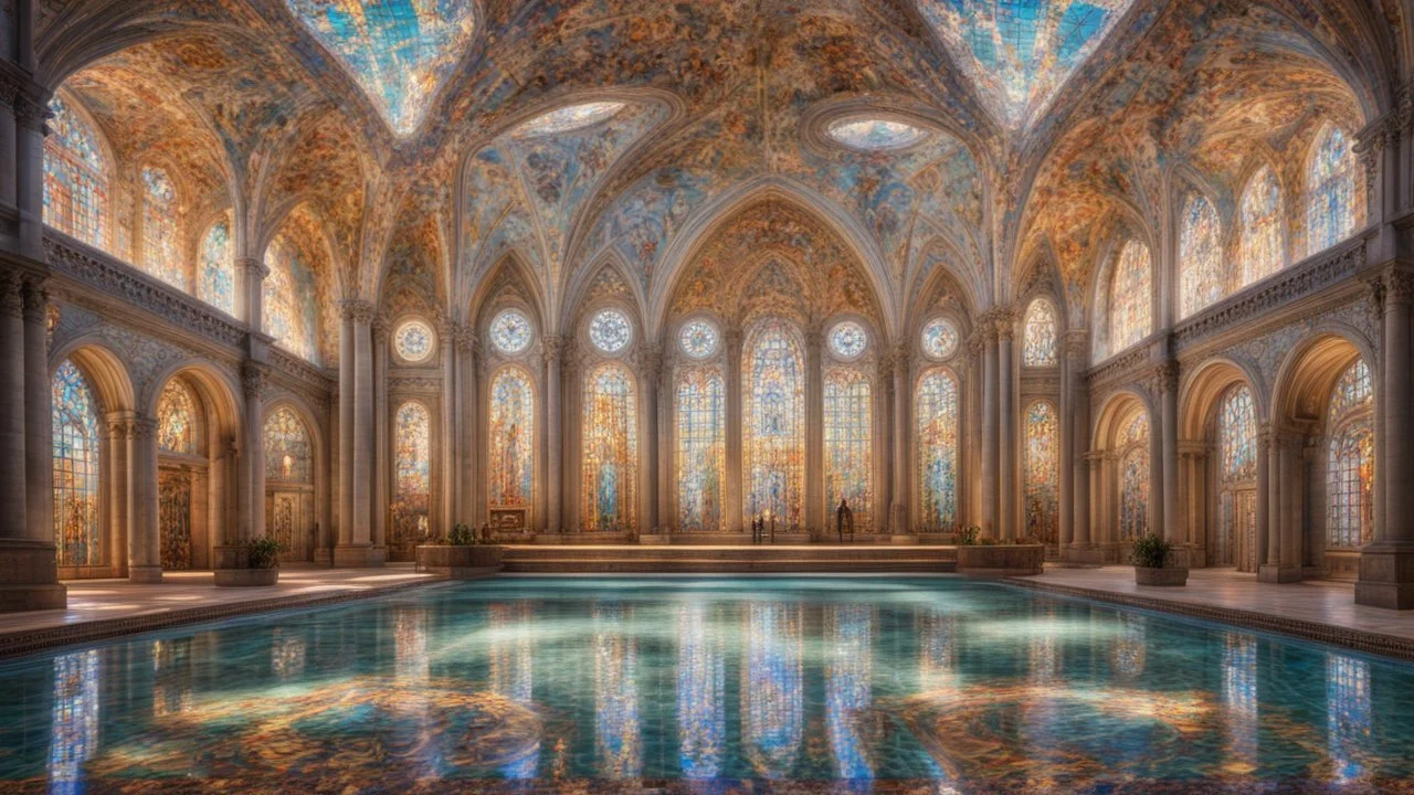 Superb symmetrical pictorial multicoloured mosaic floor, walls with pictures of bathers and swimmers, swimming pool, water feature, symmetrical cathedral style high ceiling, relaxation, luxury, dream world, calm beauty, symmetry, fantasy world, magic, beautiful symmetrical composition, exquisite detail, 135mm lens, adjust perspective, chiaroscuro, dynamic lighting