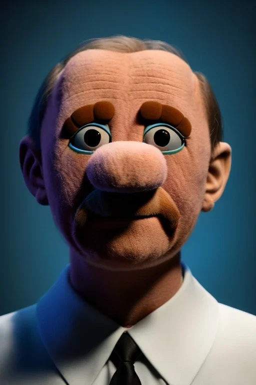 Waist up muppet Portrait, Vladimir Putin as muppet doll, Black suit, photo studio, blue background, unreal engine 5, concept art, art station, god lights, ray tracing, RTX, lumen lighting, ultra detail, volumetric lighting, 3d.