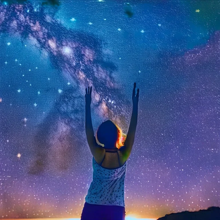 woman in tank top pointing to the night sky