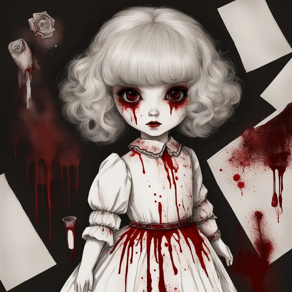 A girl's doll wearing a white dress with red blood bleeding from the back