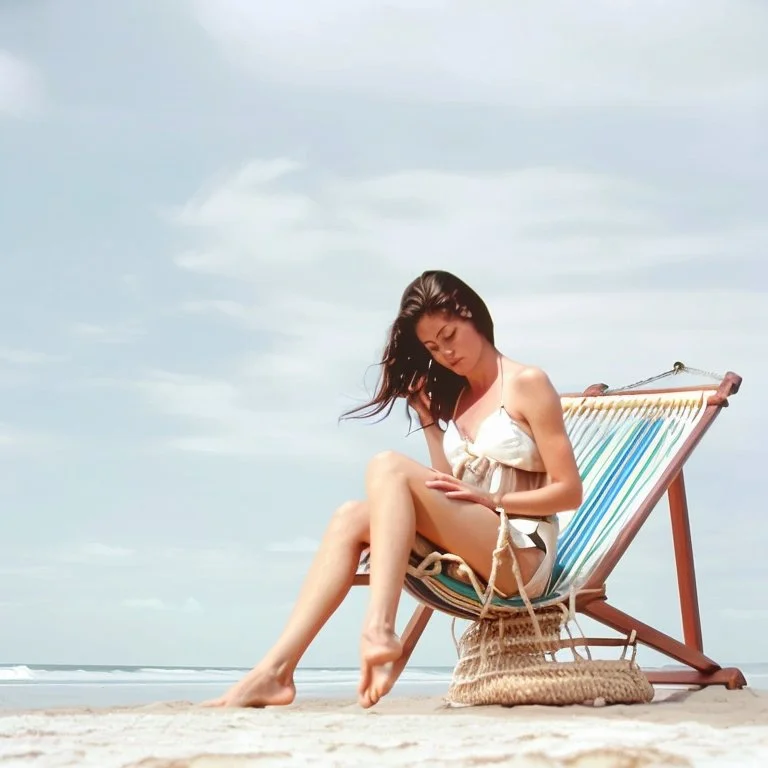 mujer sentada en una hamaca de madera en la playa, fotografía real, fotografía realizada con un cámara Fuji y objetivo de 35mm, fotografía en blanco y negro, tono años 60