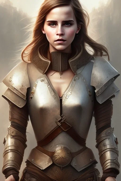 full body, emma watson identify face, leather armour , big busty , pintura, ,details,texture,8k quality, florest, Minimalism, Romanticism, Expressionism, Impressionism