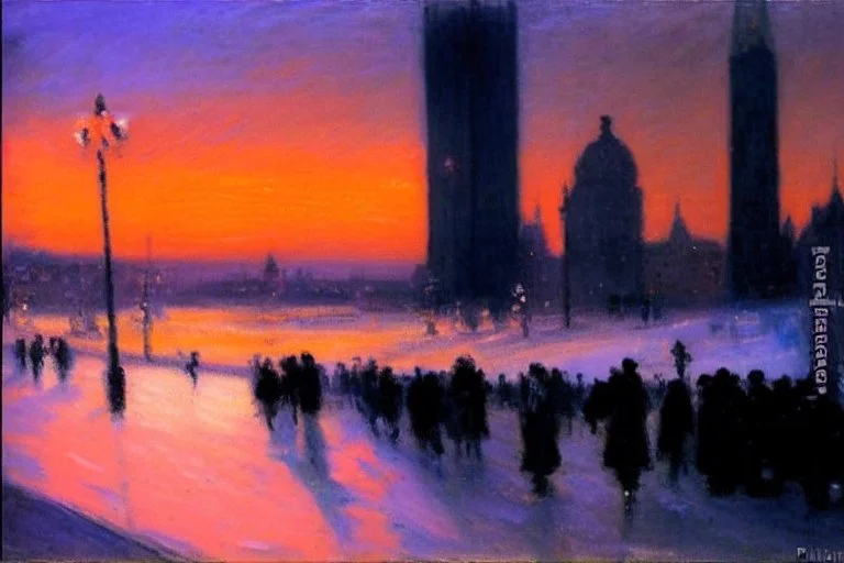 People, sunset, city, city lights, street lights, winter, distant city, philip wilson steer impressionism painting