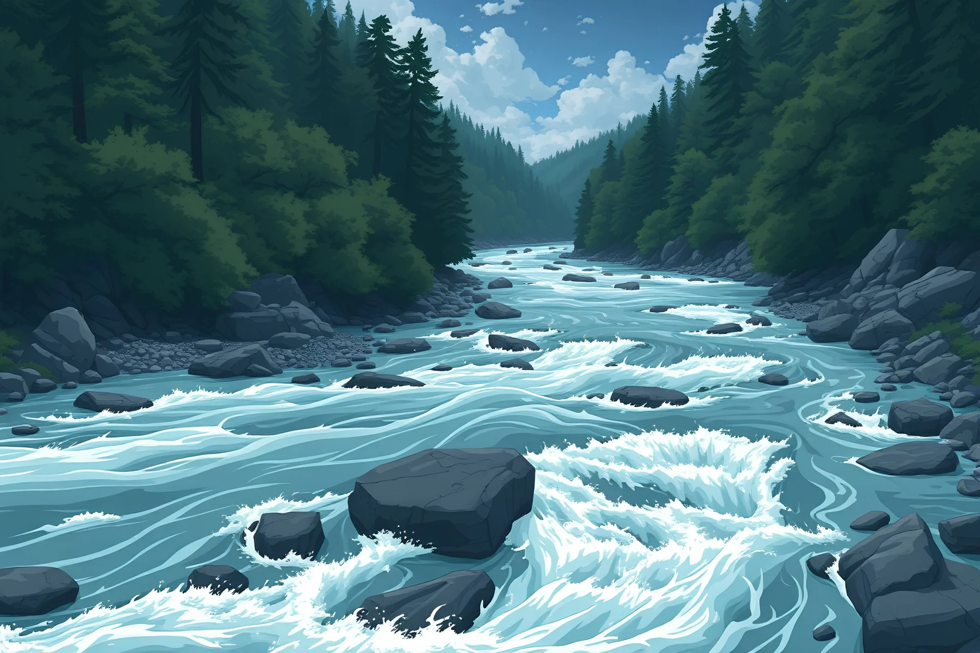 a angry river with deep waters, ghibli style, no humans, no animals, mainly focus on river and center it to scene