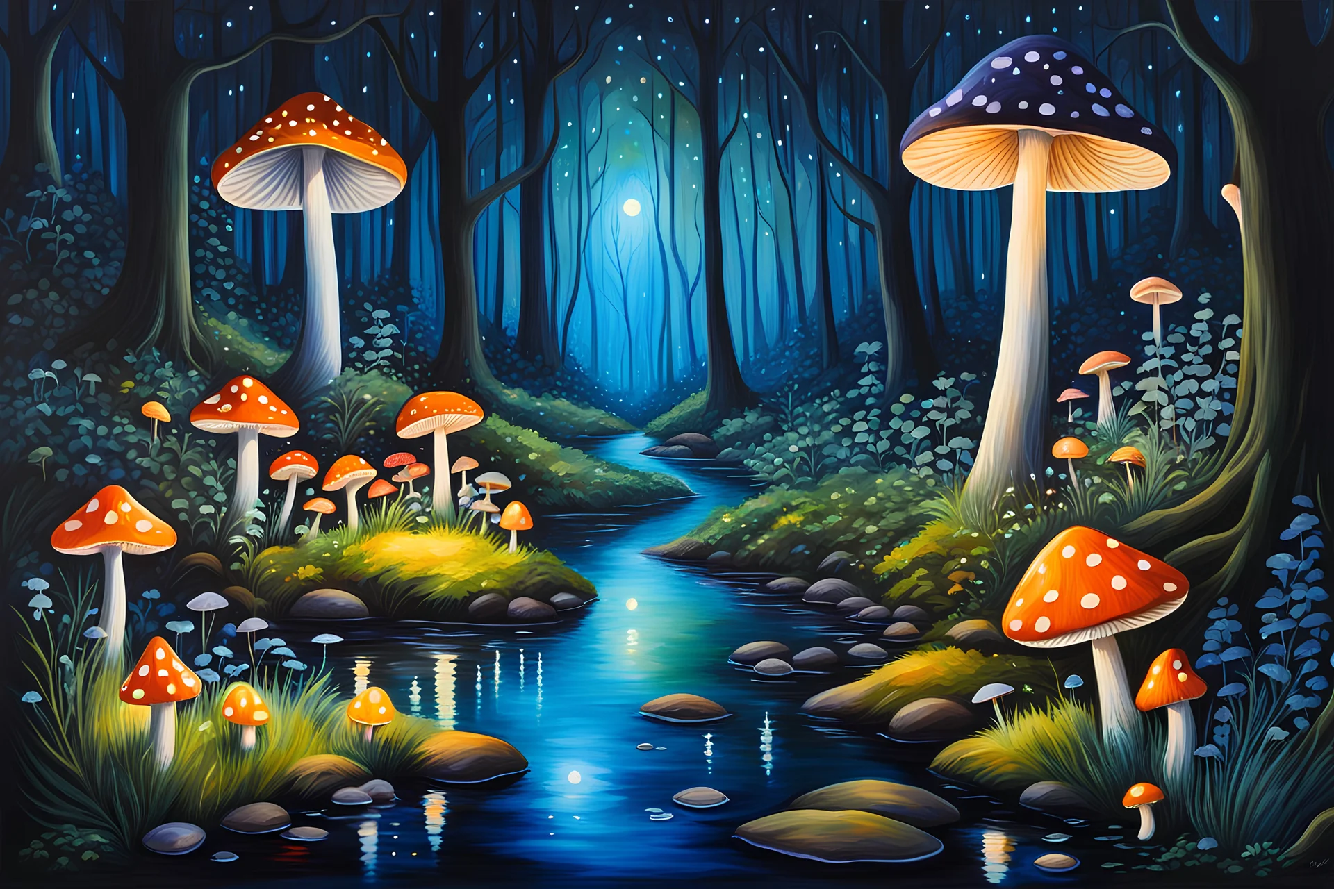 Magical dark forest at night, no moon+++, glowing mushrooms and toadstools of different colors shapes and sizes, fireflies, lights reflecting of the water in the creek, fantasy, acrylic, professional award winning masterpiece