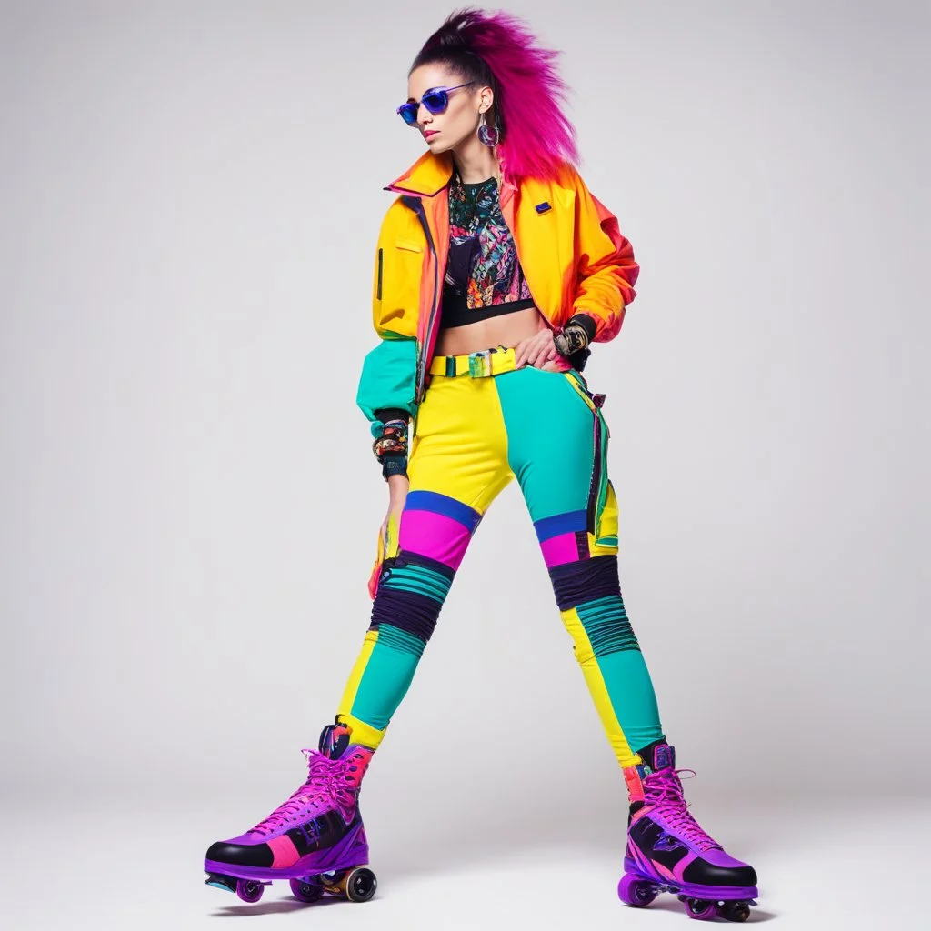 [glitched acid trip] Tabitha Smith in flashy 90ties style : Boom Boom in rollerblades (bright colors, layers, and a mix of punk and quirky element)