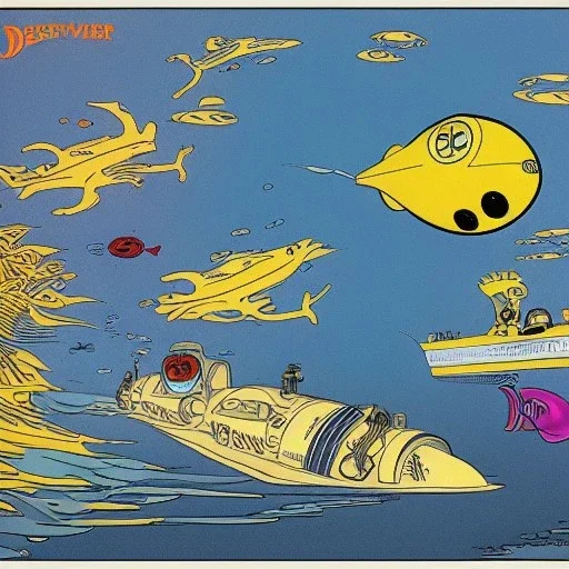 mix beetwen the disney nemo submarine and the beatle yellow submarine by disney in a seabed imagined by winsor mccay