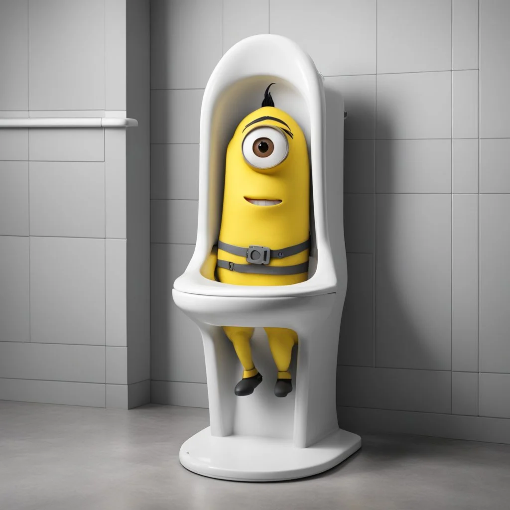 child training urinal chair shaped as a Minions character, complex contrast, photoreal, humorous