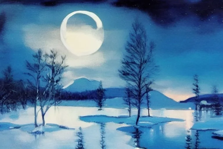 Night, Moon, distant mountains, pine trees, lagoon, lagoon reflections, winter, ice, snowy land, lesser ury impressionism painting