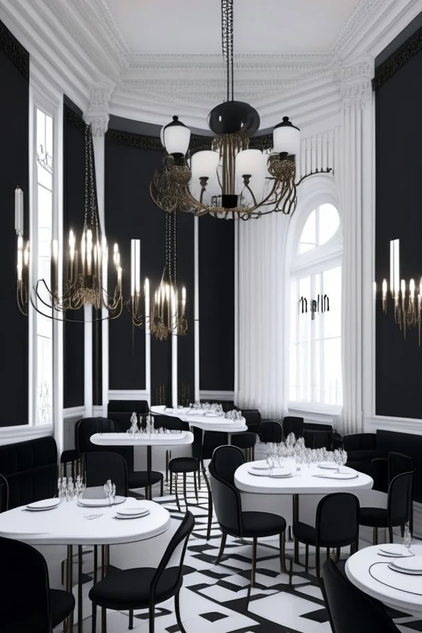 "Depiction of a neoclassical restaurant with black-and-white and residential-colored tables and chairs, along with chandeliers for lighting." Wiko is simple