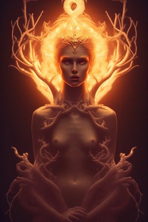 portrait photography of an ethereal beautiful animal goddess, Fire theme art, Dark moody night atmosphere, Portrait of a man by Michelangelo, 8K, close-up face, anatomically perfect face, oak tree roots, ignore NSFW