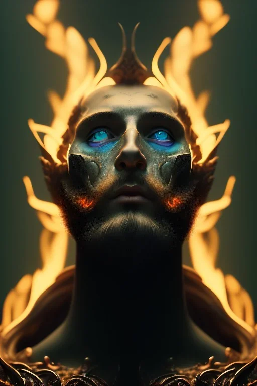 portrait photography of an ethereal beautiful animal god, Fire theme art, Dark moody night atmosphere, Portrait of a man by Michelangelo, 8K, close-up face, anatomically perfect face, oak tree roots, ignore NSFW