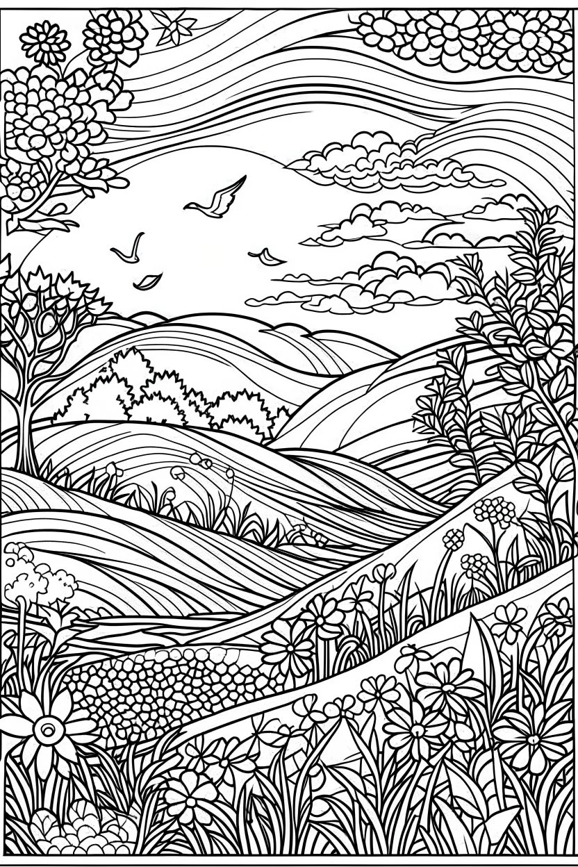 freedom, coloring book page, simple and clean line art, adult drawing book, low details, black and white, crisp black lines, no shades, sharp lines, coloring book for adults, cartoon style, landscape