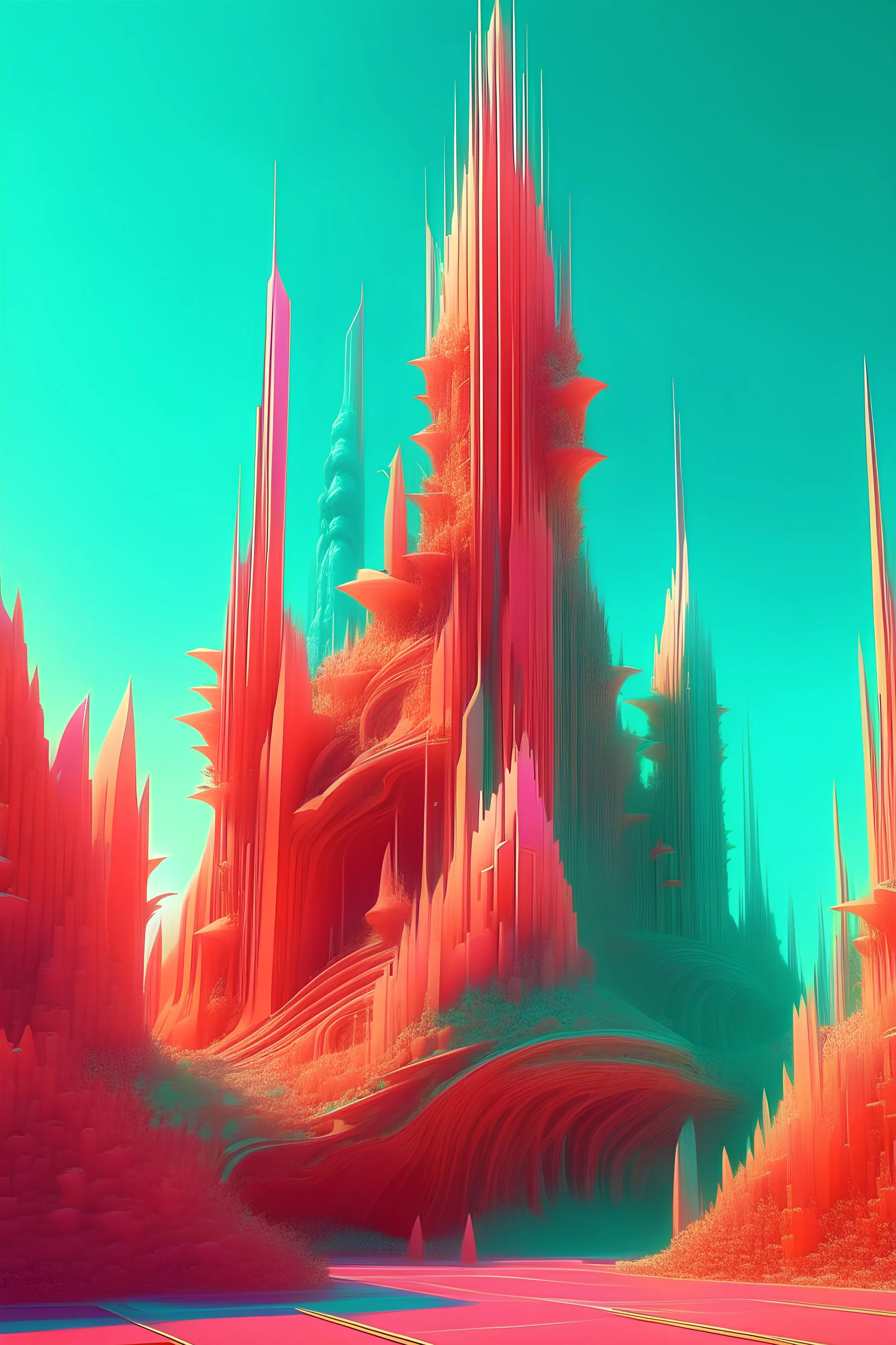 a computer generated image of a futuristic building, digital art, inspired by Benoit B. Mandelbrot, zbrush central contest winner, colorful coral, asymmetrical spires, worms intricated, abstract scene design, organic ceramic fractal forms, with gradients, abstract illustration, alien forestpipes, acrylic art, perfect maximalistic composition by Android Jones, Beeple, Winkelmann, masterpiece, hyper-detailed, dan mumford, Albert Bierstadt, octane render, a masterpiece