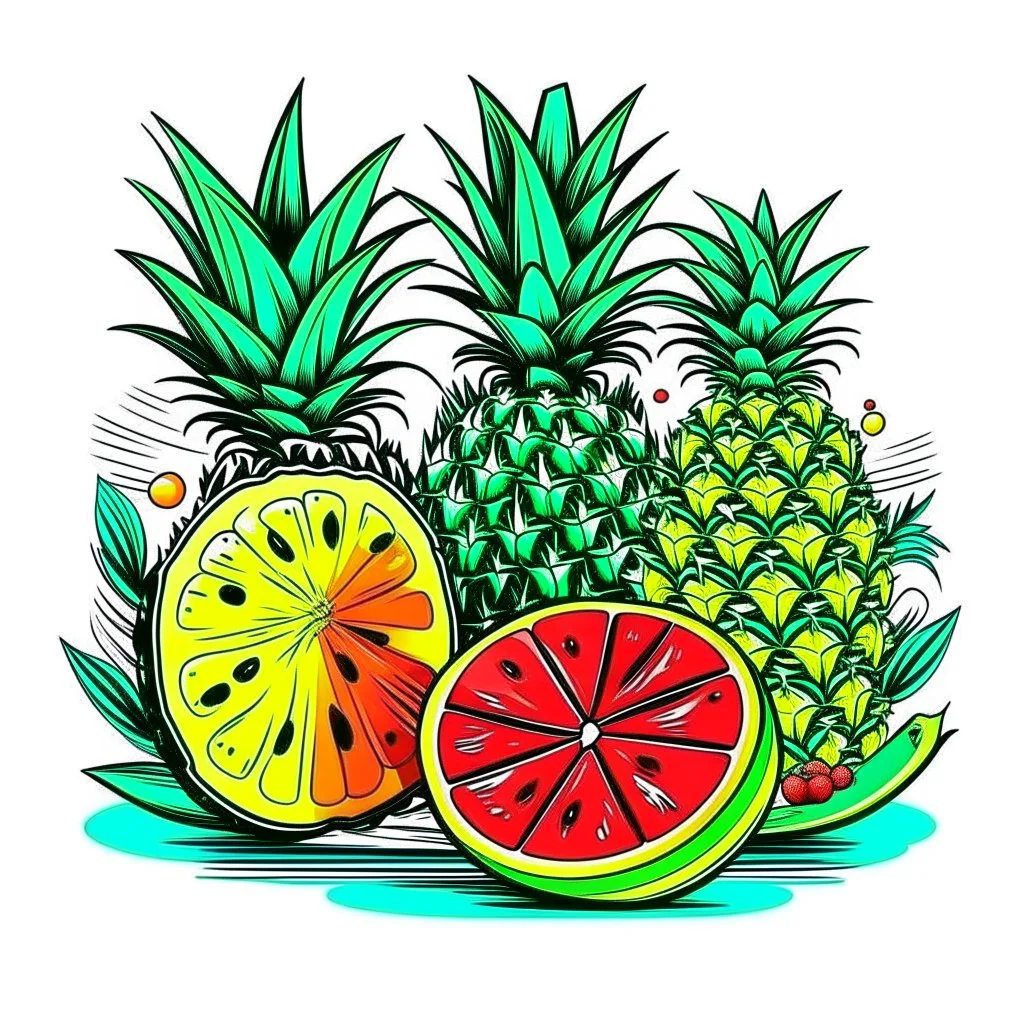 A tropical fruit platter with pineapple and watermelon slices, vibrant, refreshing, overhead lighting, T-shirt design graphic, vector, contour, white background